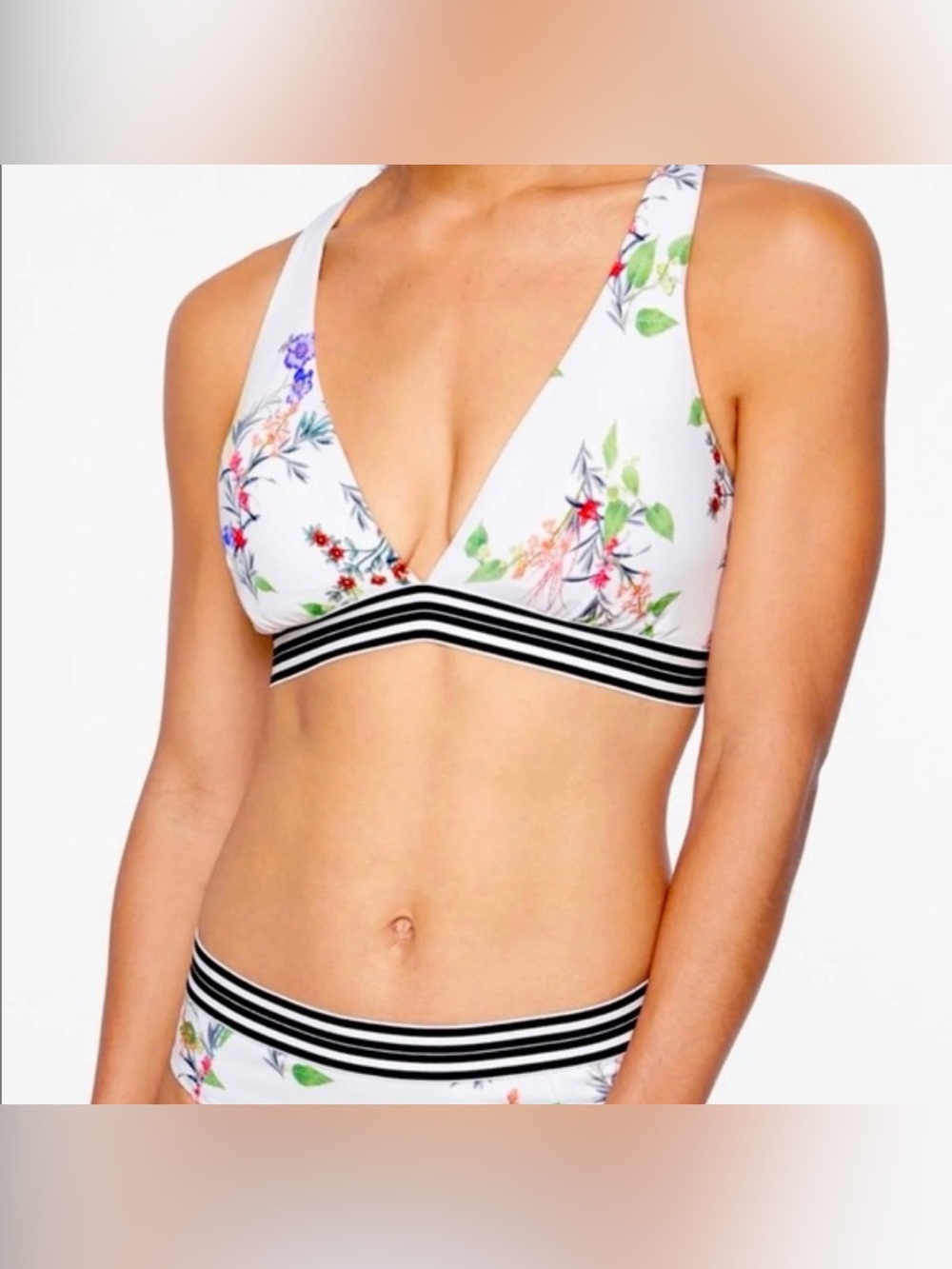 Athleta White Floral V-Neck Bikini Top with Black Stripe Band